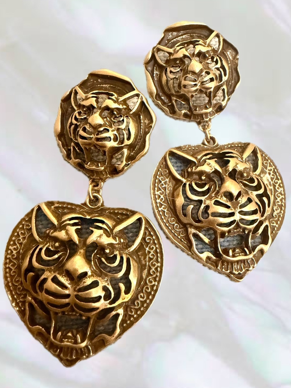 TRIFARI Burnished Gold Roaring Tiger Drop Earrings - Lightweight- Pierced/Post